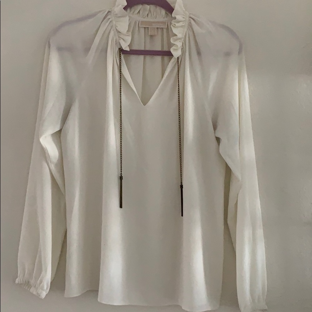 Michael Kors White Ruffled V-Neck Long Sleeve Blouse
